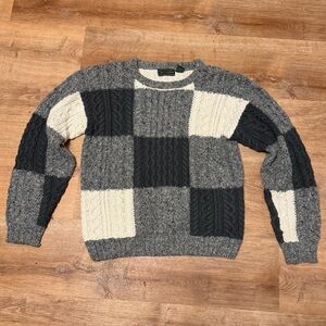 VTG 90s Croft & Barrow Patchwork Cable Knit Sweater Grey Cream Medium
